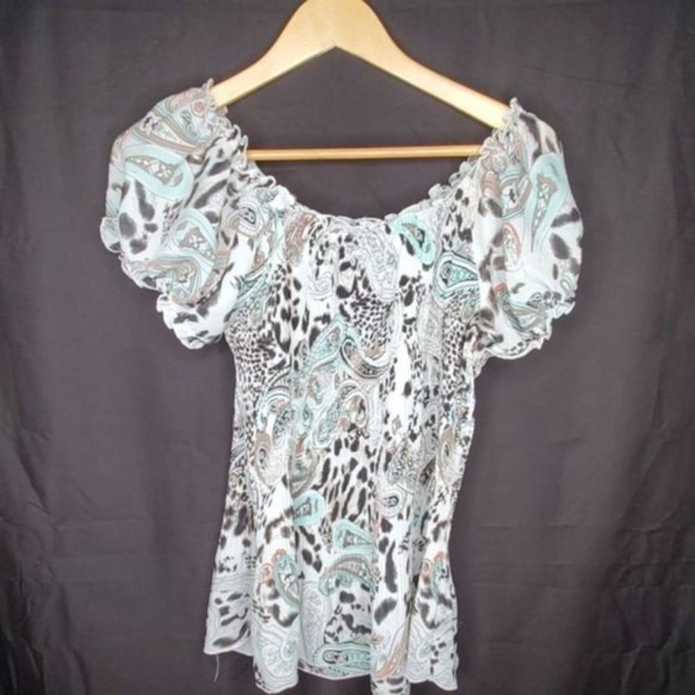 Vintage Babydoll Top Paisley Animal Print Off-The-Shoulder Y2K Blouse S - Picture 6 of 9